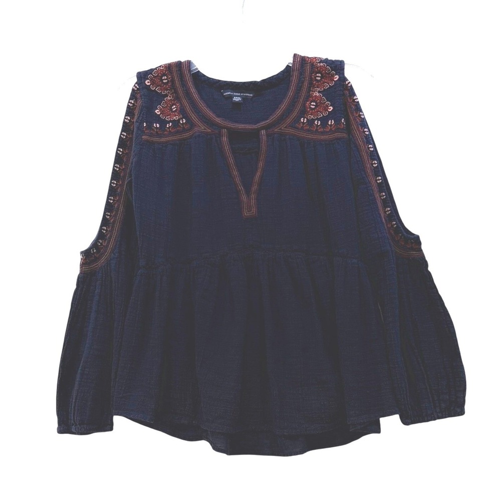 American Eagle Navy Blue‎ Embroidered Cold Shoulder Peasant Blouse Top Small